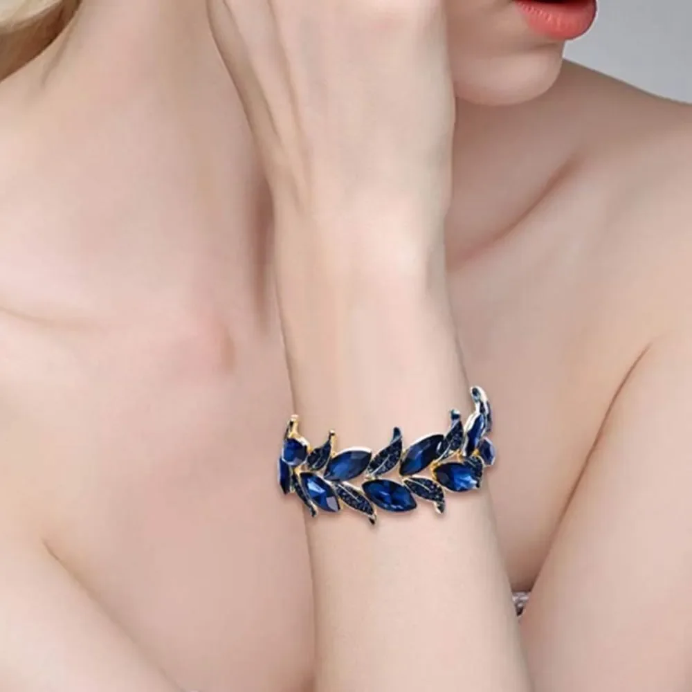 Yellow Gold and Blue Sapphire Austrian Crystal Leaf Stetchable Bracelet Bangle